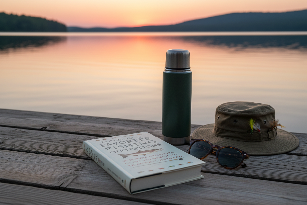 Book, thermos, sunglasses, and hat on a wooden dock by a lake at sunset