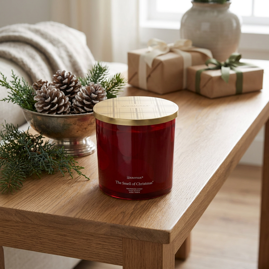 Smell of Christmas 48 oz red glass candle in a holiday console setting