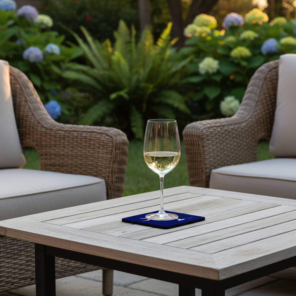 Betsy Drake Interiors Palmetto Moon navy blue coaster on an outdoor patio table with a glass of white wine and Lowcountry coastal setting