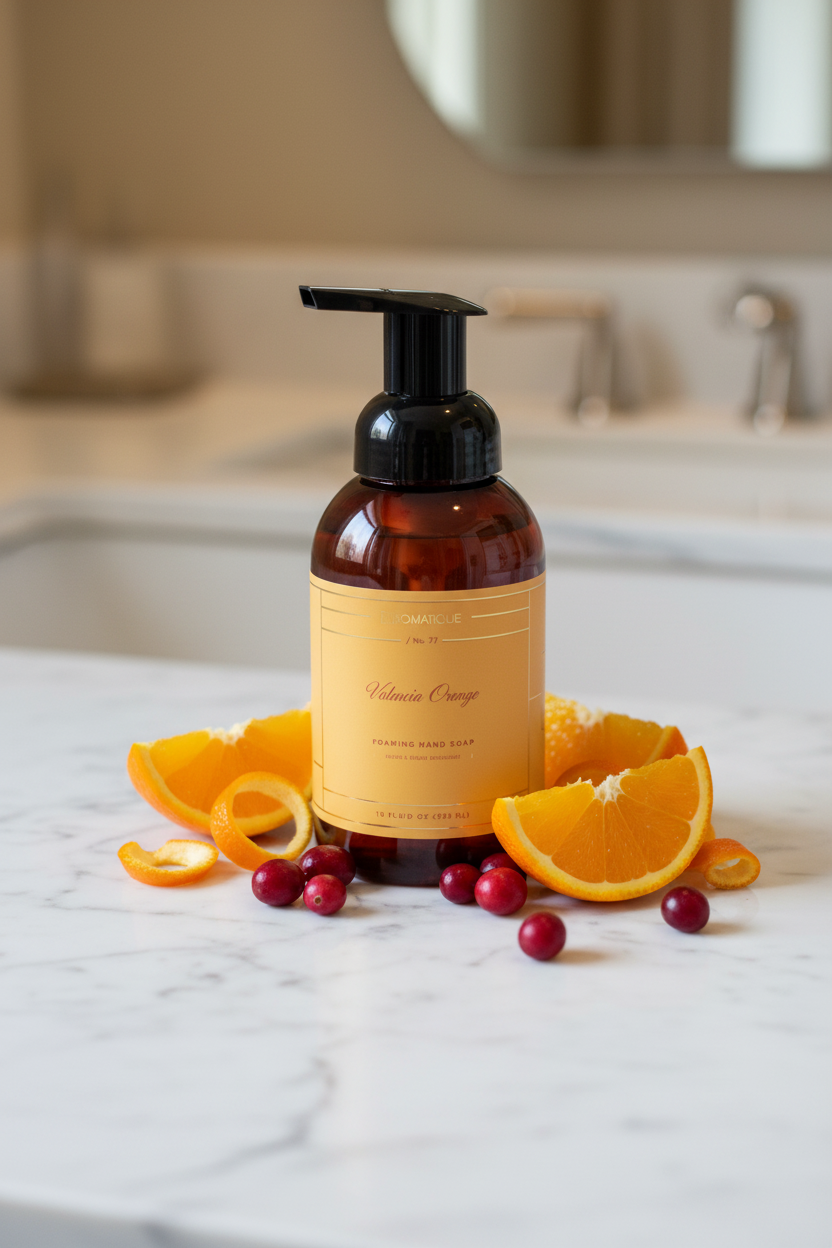 Valencia Orange Soap in a brown bottle on a granite countertop with oranges and spices 