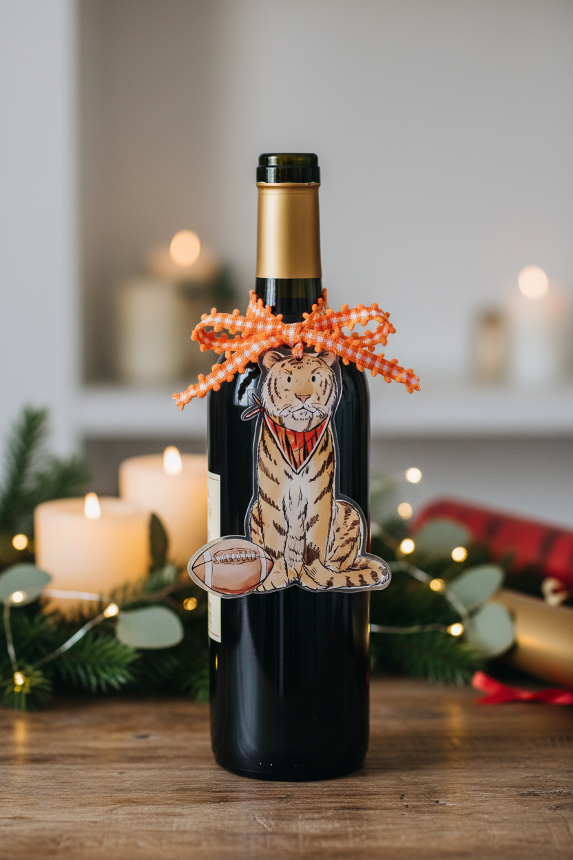 Wine bottle with a Stylized tiger acrylic ornament with a football and orange ribbon on a white background on a wooden table with candles and greenery in the background