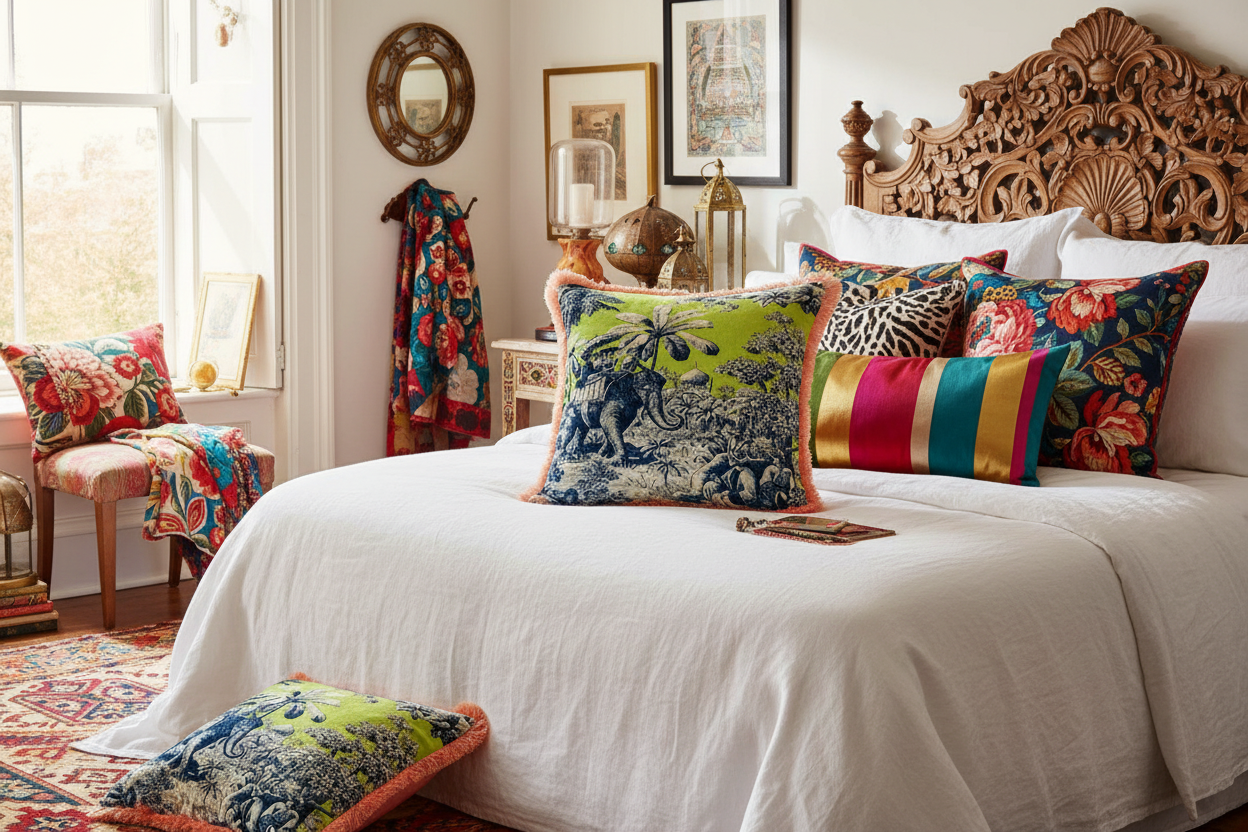 Hazel Mazel chartreuse elephant toile throw pillow with peach fringe on a made bed with white linen bedding and layered patterned pillows