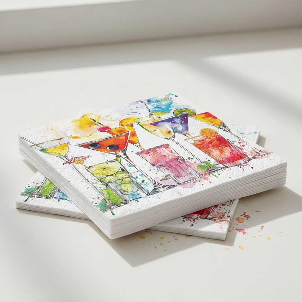 Stack of cocktail-themed paper napkins on a white surface