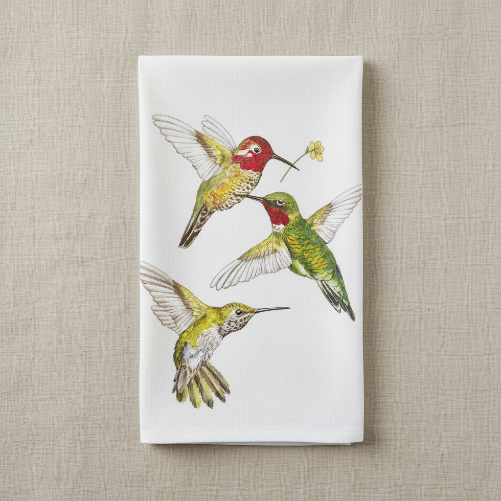 Hummingbird tea towel with neat straight fold on natural linen backdrop