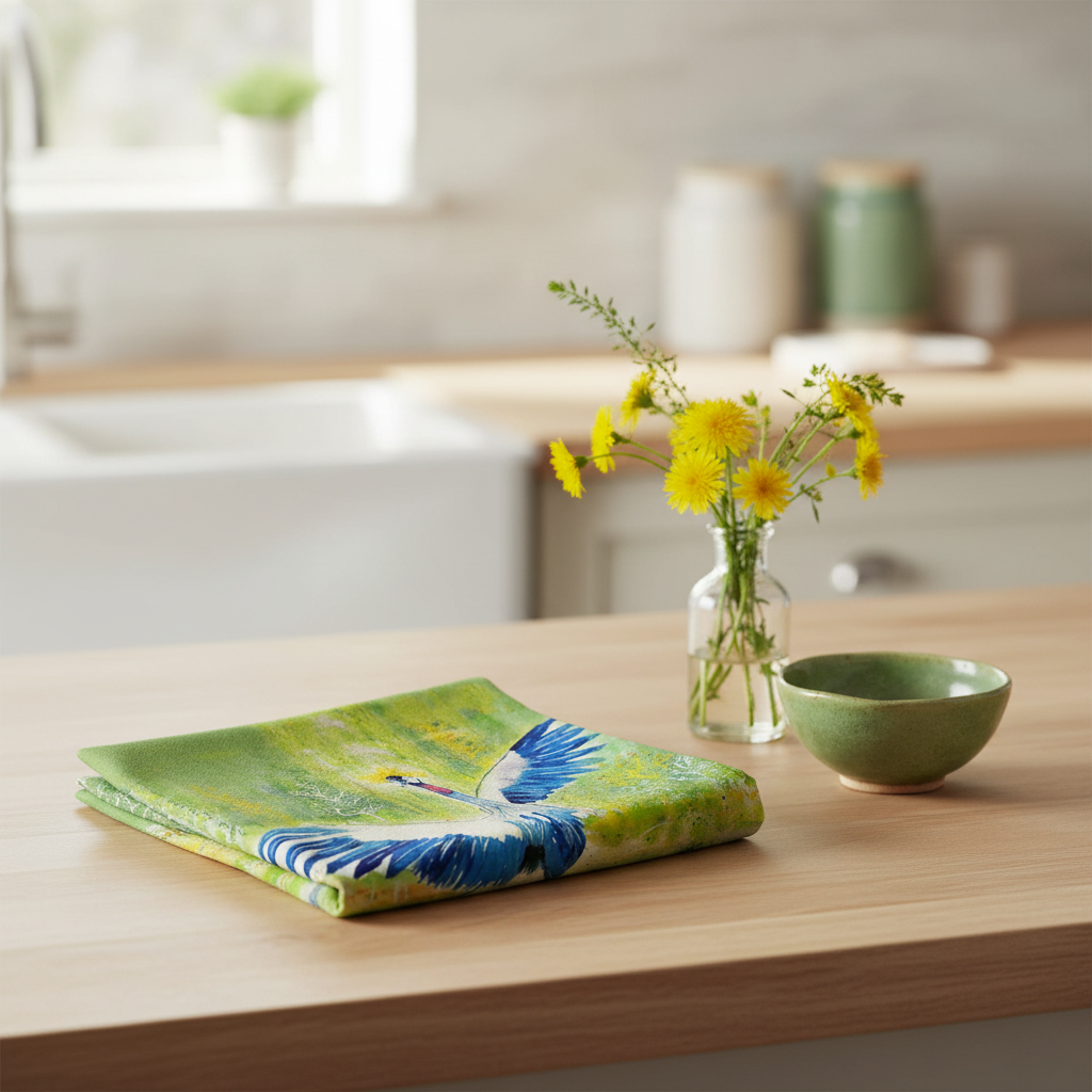 Betsy Drake Interiors Dancing Crane colorful crowned crane bird art tea towel folded on a light wood kitchen counter with yellow wildflowers and a green ceramic bowl