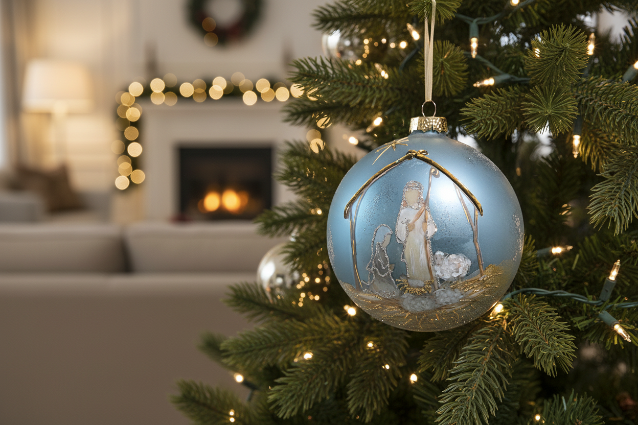 5-inch blue glass Holy Night nativity ornament hanging on a decorated Christmas tree with warm lights