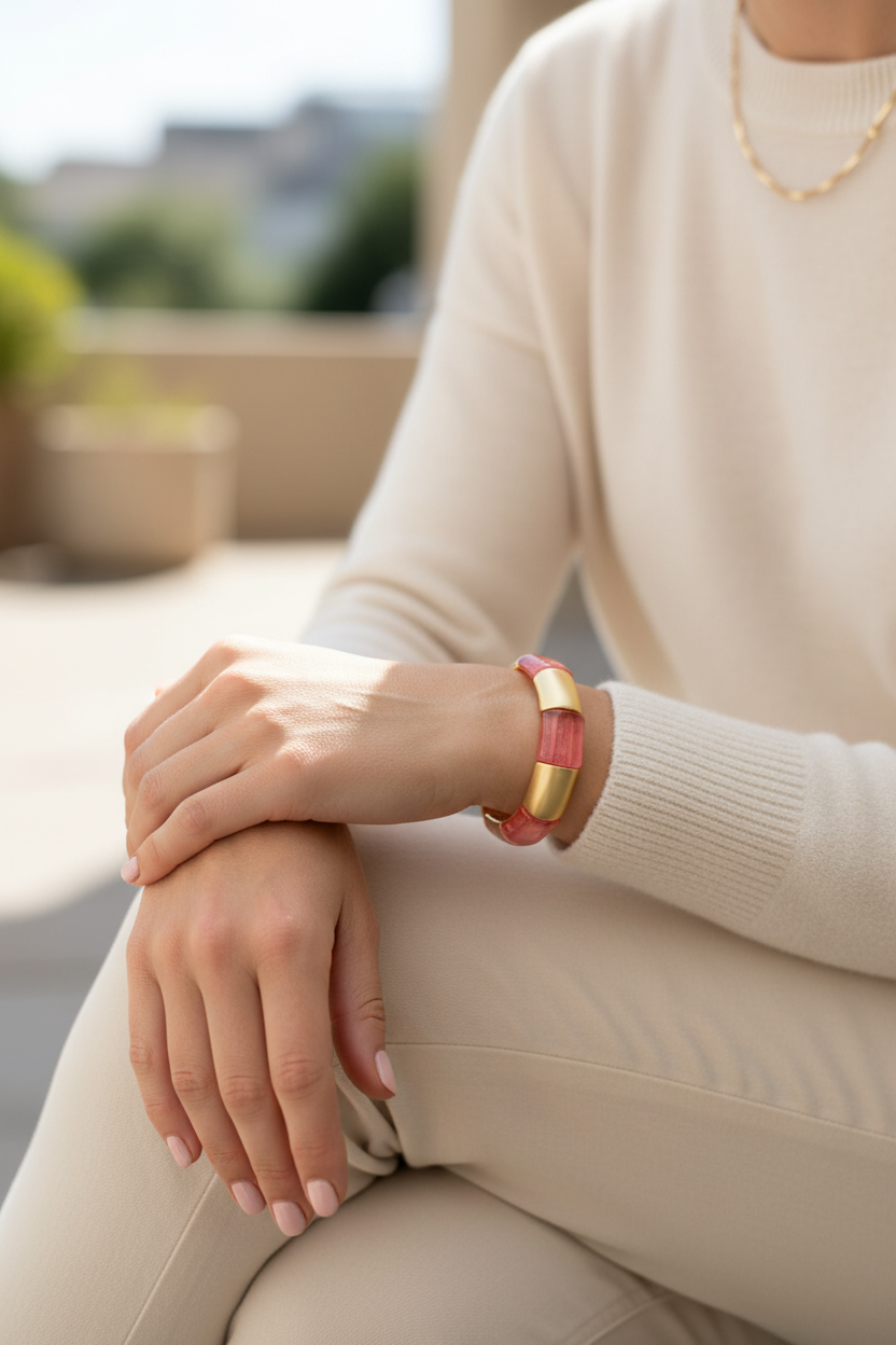 Person wearing a beige sweater and pink bracelet sitting outdoors.