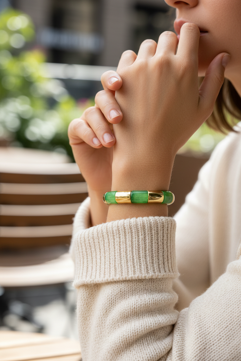Person wearing a green and gold bracelet with blurred outdoor background