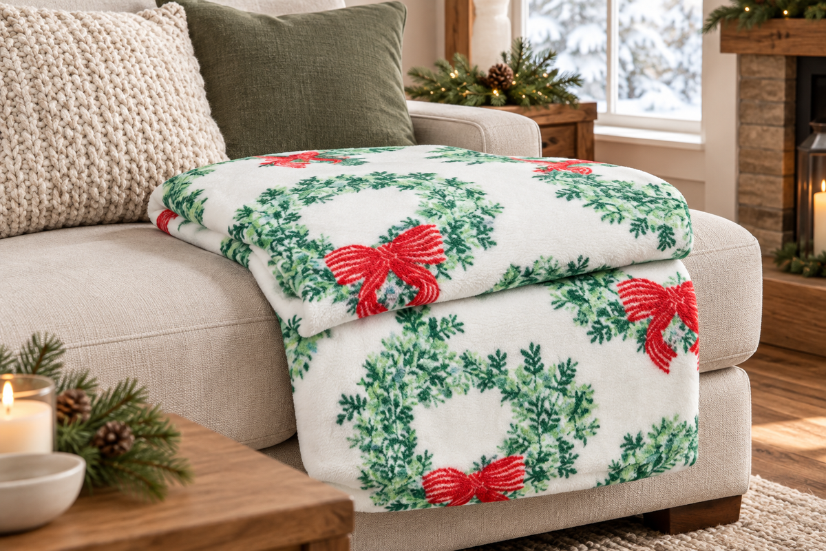 Folded fleece blanket with green holiday wreaths and red bows displayed on a neutral sofa