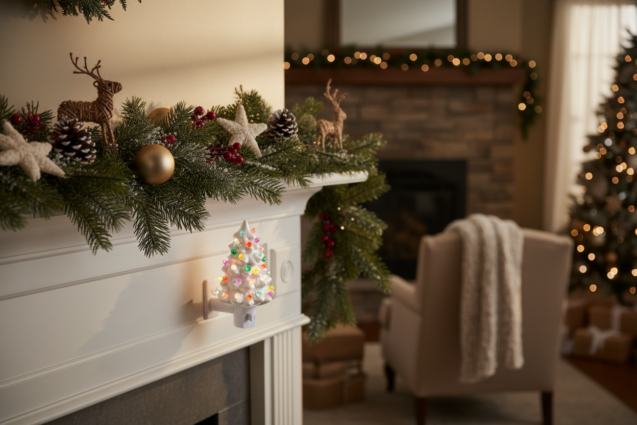 RAZ Imports 6-inch white vintage-style tree night light glowing on a Christmas mantel with evergreen garland and neutral holiday decor