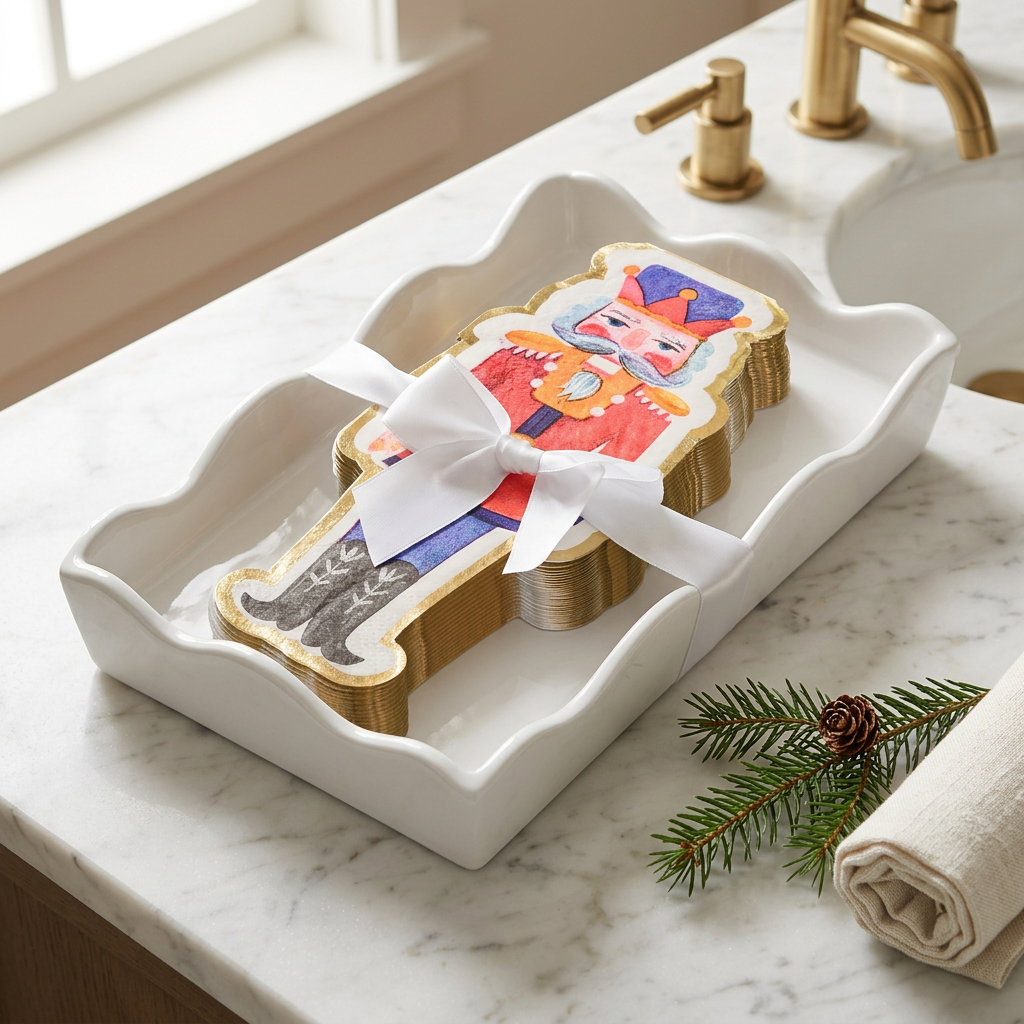 White wavy ceramic tray with gold-edged nutcracker-shaped napkins and a white bow on a marble powder-room vanity.