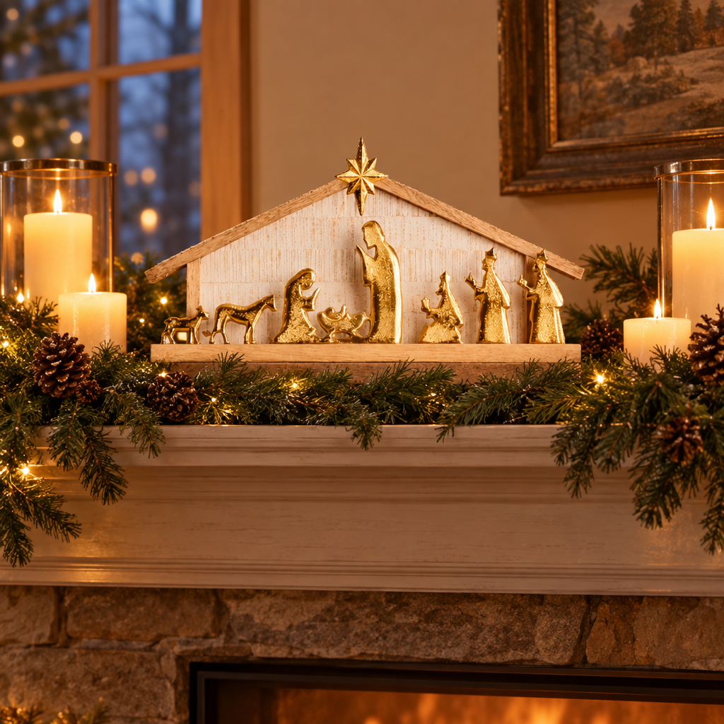 Large gold nativity scene in a wooden stable displayed on a fireplace mantel with evergreen garland and lit candles at Christmas
