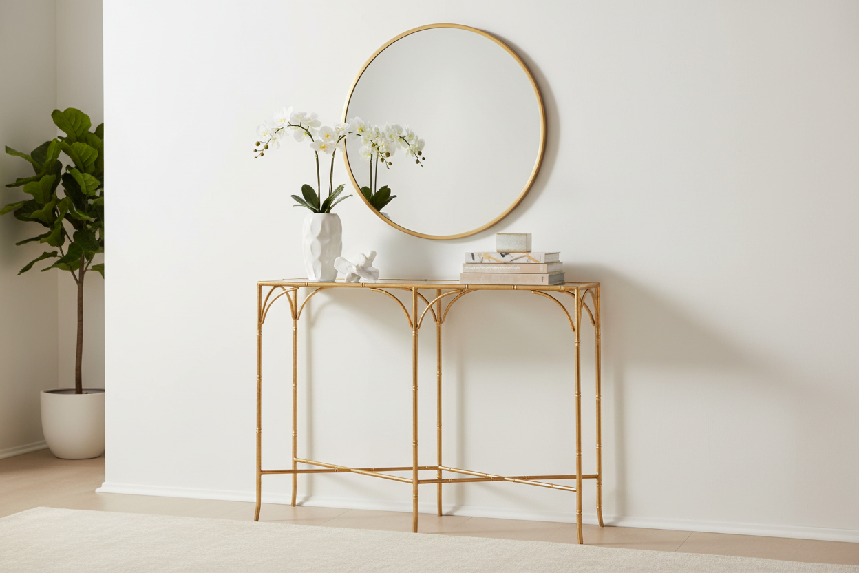 Napa Home & Garden Daphne Gold Bamboo Console Table with Mirrored Top styled in a glam entryway with round mirror, white orchid, and art books