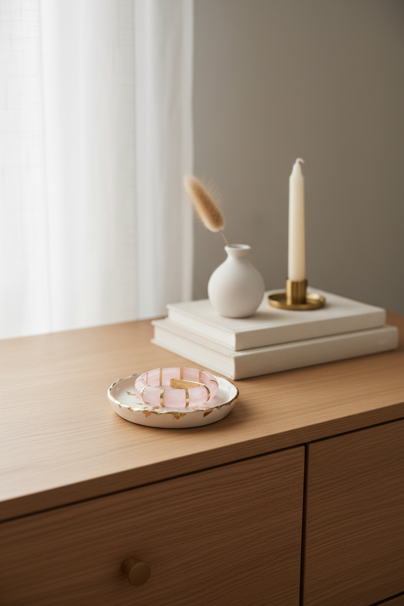 Decorative items and a trinket tray with pink and gold bracelet on a wooden surface with a neutral background