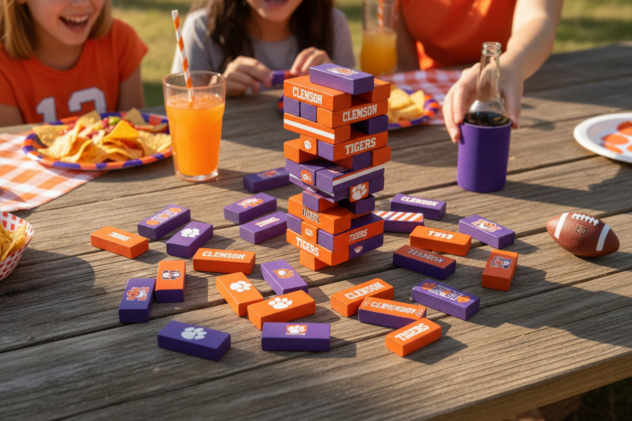 Flat lay of 54 Clemson Tigers themed wooden tumble tower blocks on a wooden table in orange and purple team colors – NCAA gameday gift