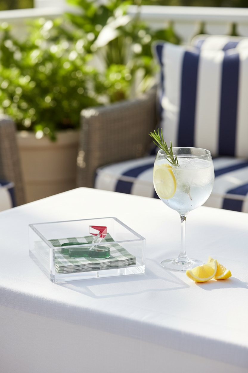 Clear acrylic golf napkin holder with gingham cocktail napkins styled on an outdoor patio table with a gin and tonic and summer greenery