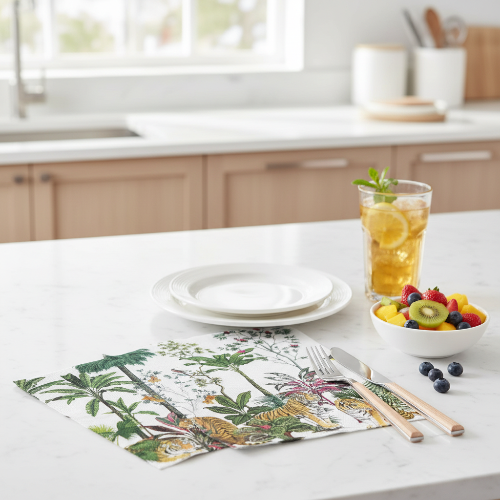 Kitchen counter with tropical-themed napkins, fruit bowl, and glass of iced tea.