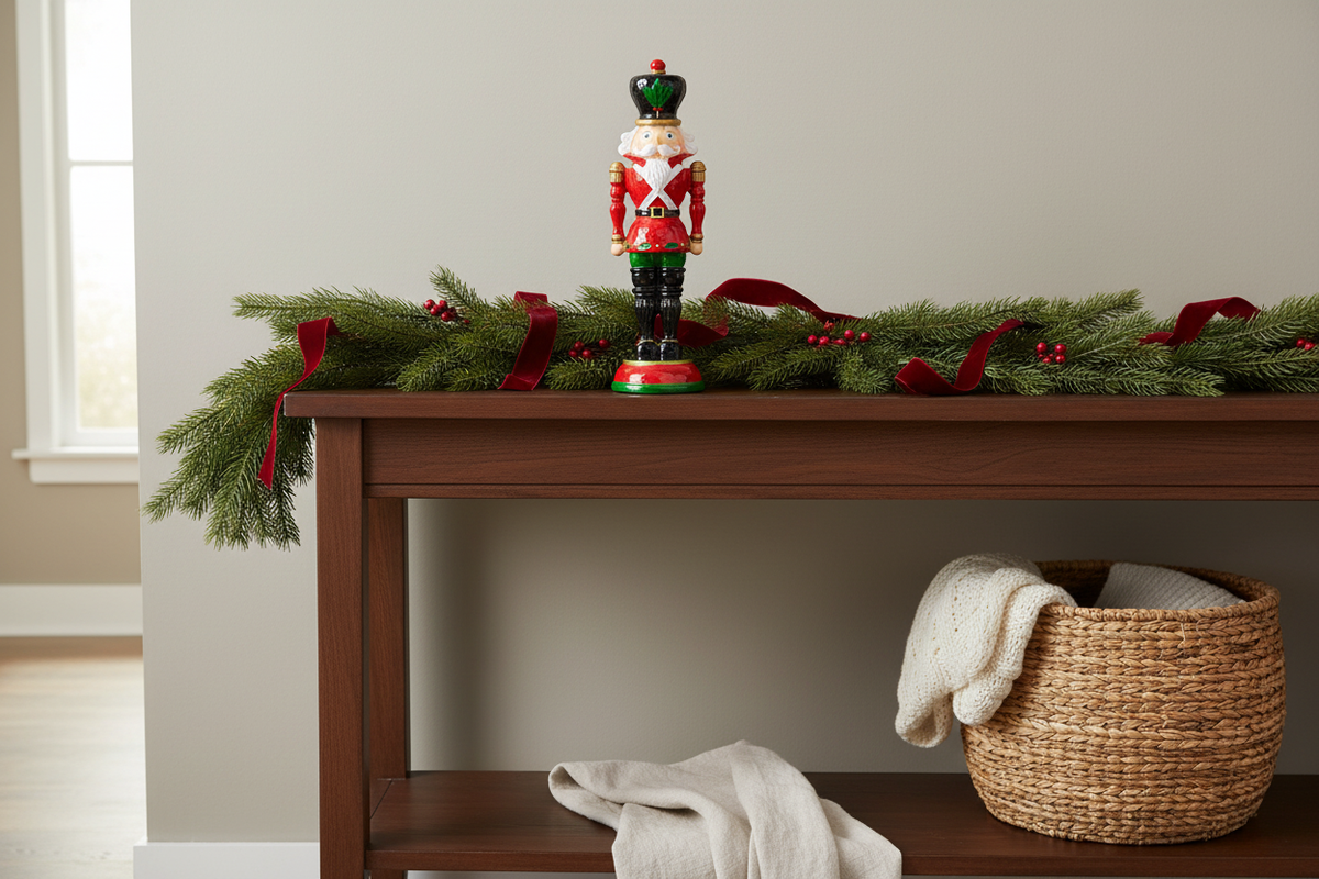 10-inch traditional resin nutcracker styled on a Christmas entryway console with evergreen garland