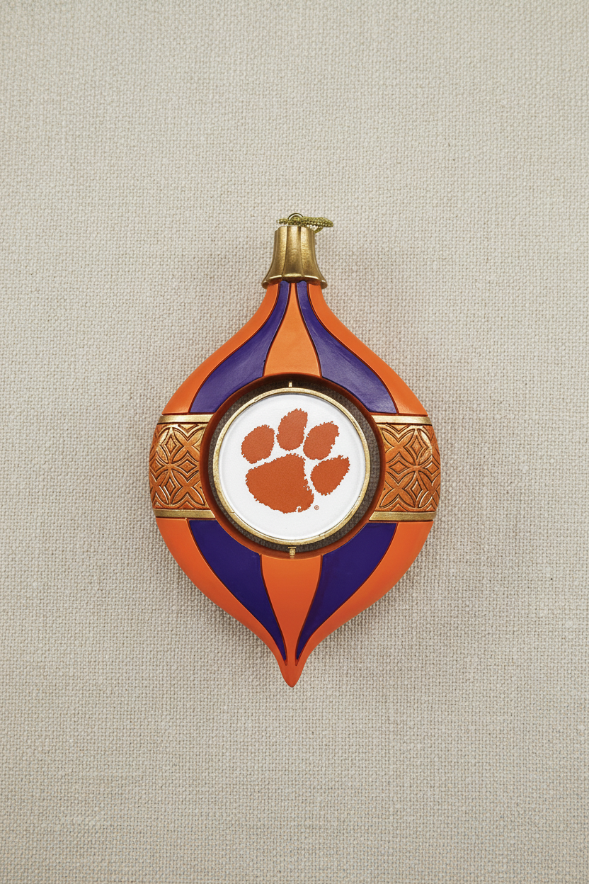 Decorative Clemson ornament with a paw print design on a beige background