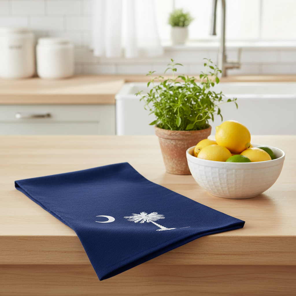 Betsy Drake Interiors Palmetto Moon navy blue kitchen towel folded on a light wood counter with fresh lemons and potted herbs