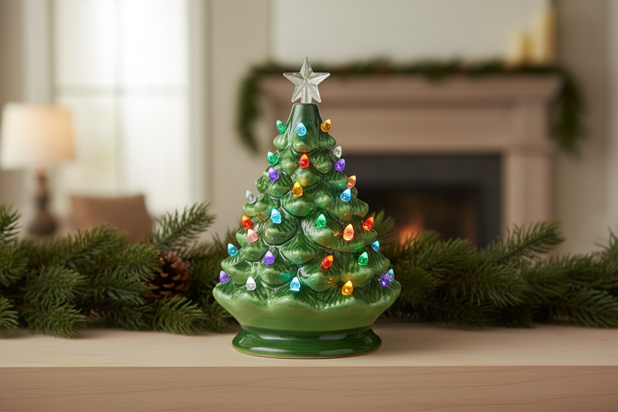 8-inch green porcelain lighted Christmas tree with colorful lights and star topper standing on a holiday mantel