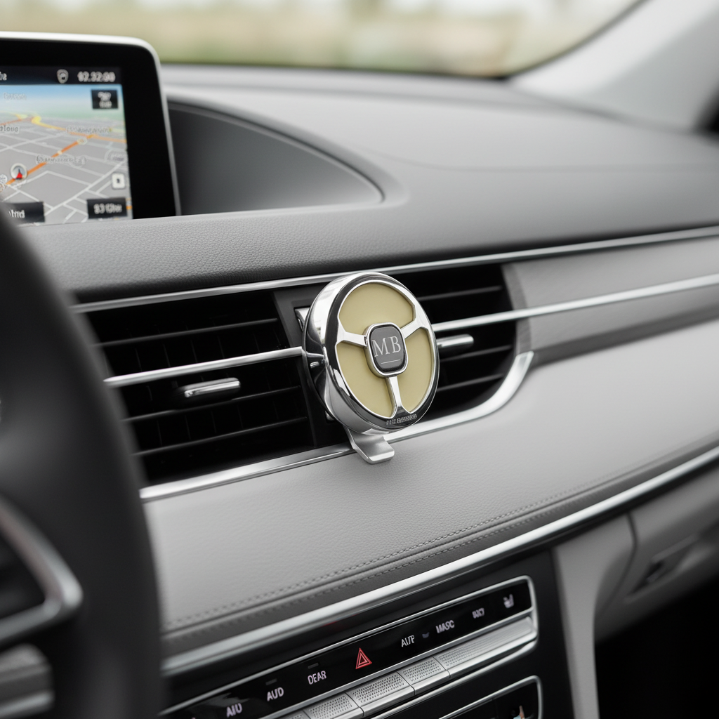 Max Benjamin Lemongrass and Ginger Car Fragrance Dispenser clipped to car air vent in modern car interior