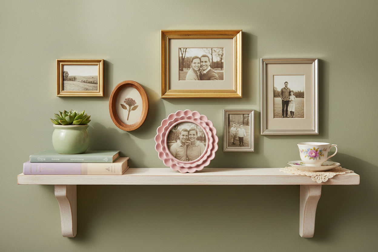 Hazel Mazel blush pink round ruffle resin photo frame styled on a shelf vignette with small framed photos, a succulent, and pastel decor accents