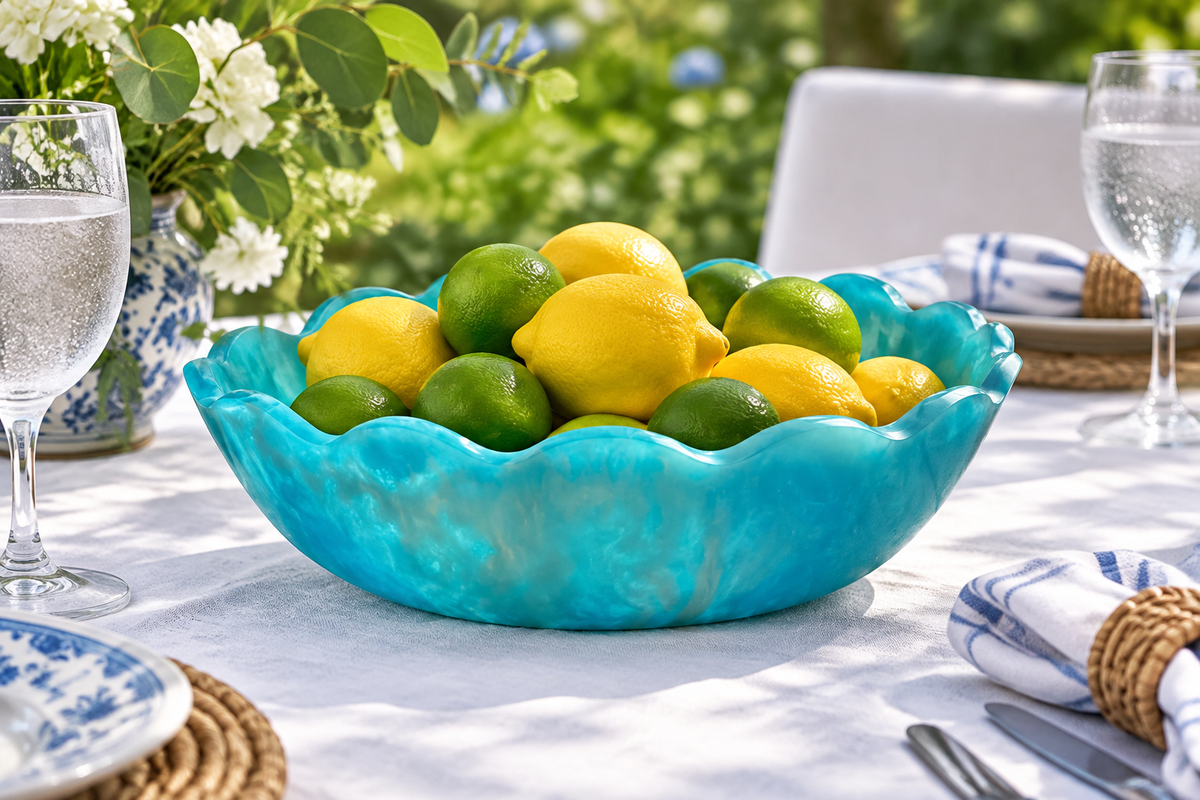 Laura Park turquoise marbled resin scalloped bowl filled with lemons and limes on a white linen patio table with blue and white napkins