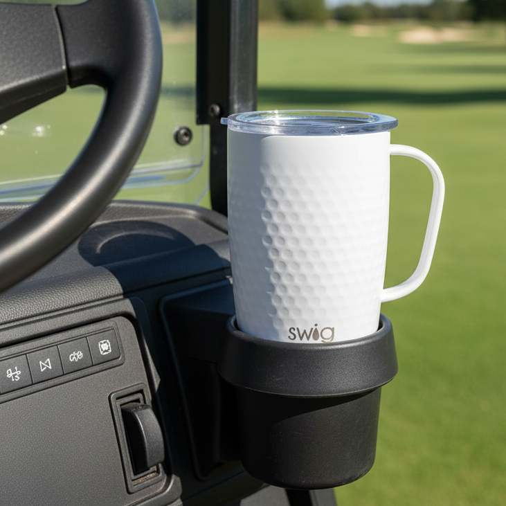 Swig 18 oz White Golf Ball Travel Mug sitting in a golf cart cup holder on a sunny golf course