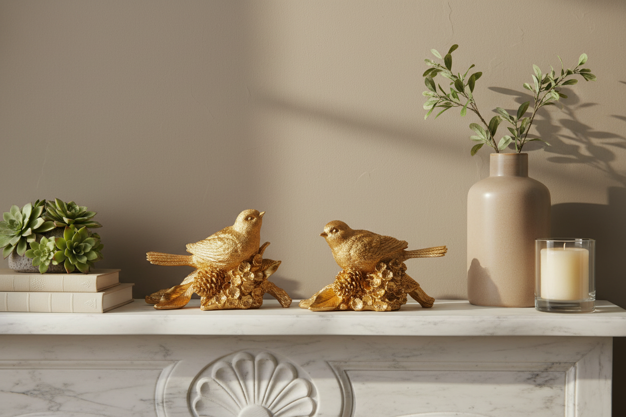 RAZ Imports set of 2 antique gold resin bird figurines perched on pinecone branches styled on a traditional mantel