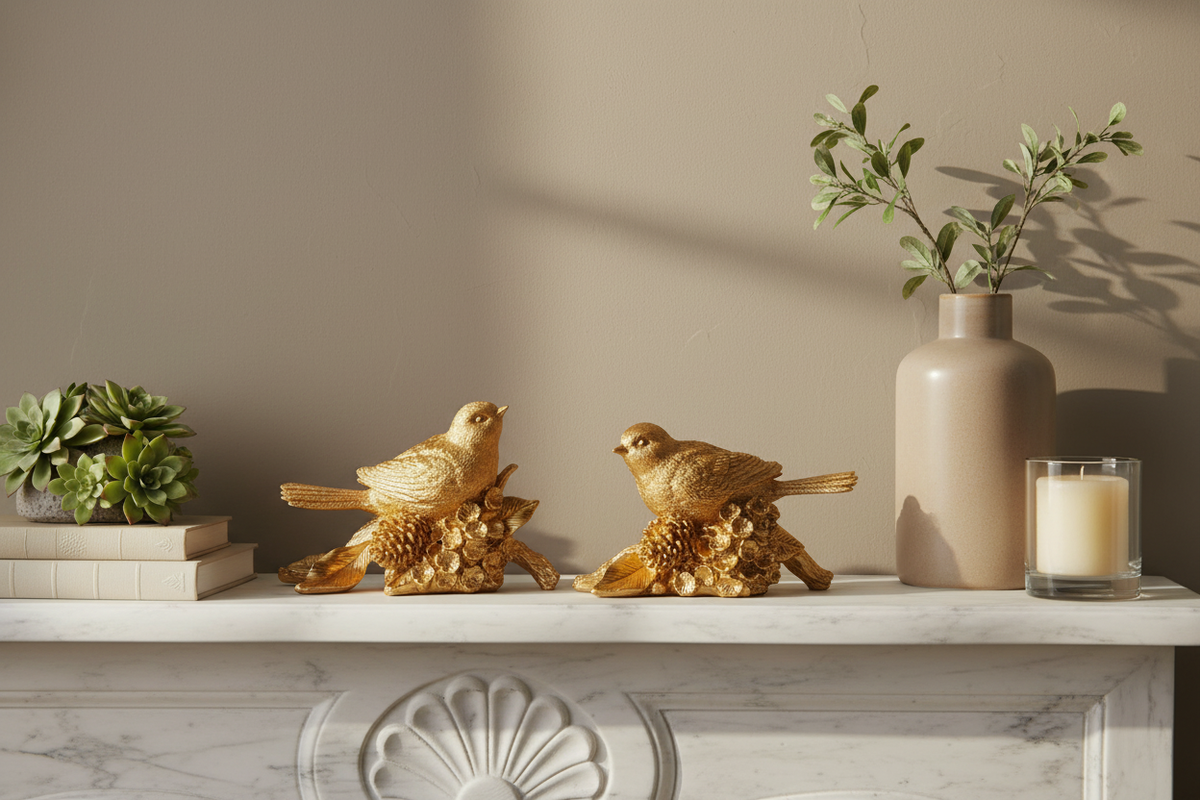 RAZ Imports set of 2 antique gold resin bird figurines perched on pinecone branches styled on a traditional mantel