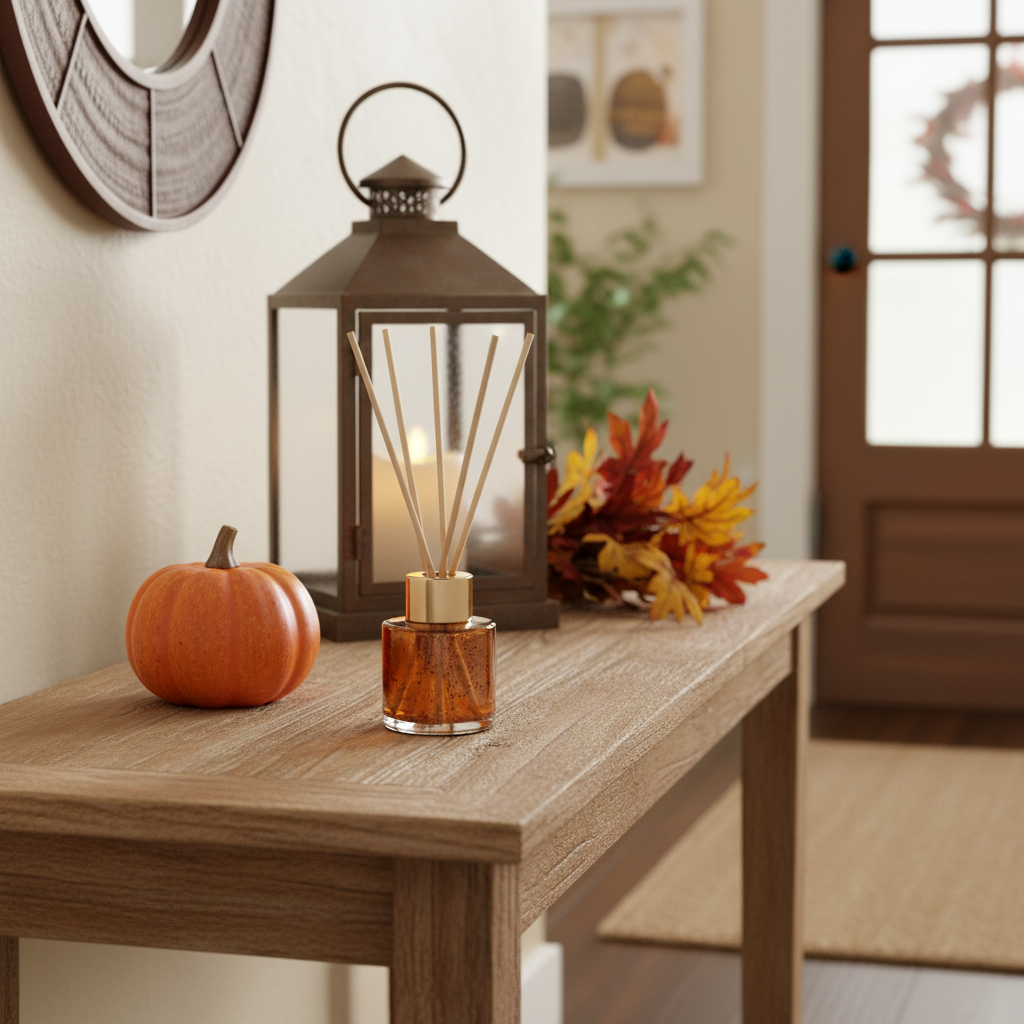 Aromatique cinnamon cider holiday scented reed diffuser on a white background On an entry way table 