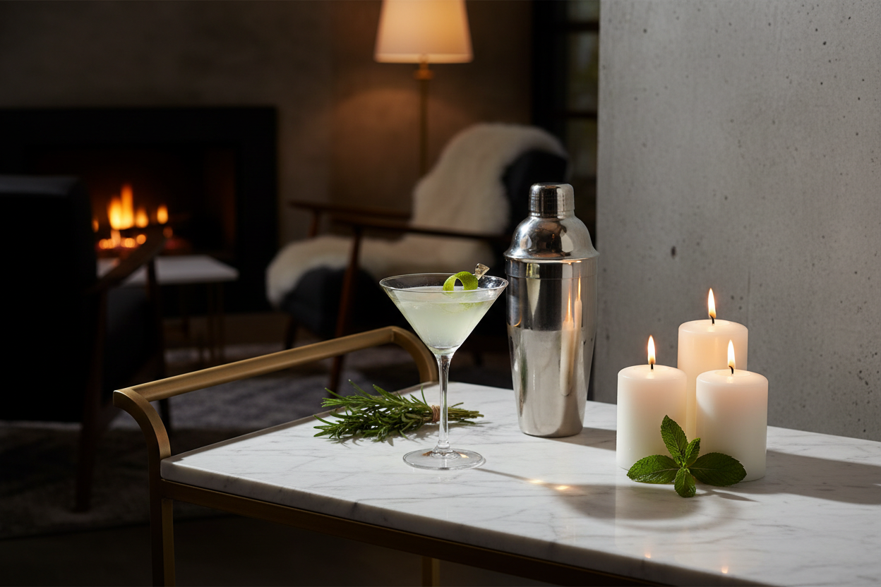 Huang Acrylic 8 oz. acrylic martini glass styled on a marble bar cart with a cocktail shaker, fresh herbs, and candles