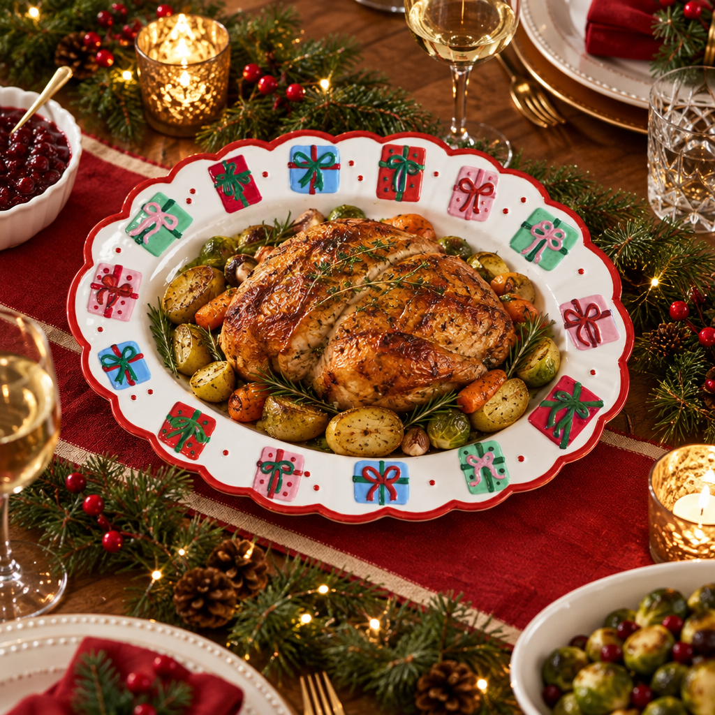 Oval Christmas serving platter with hand-painted gift boxes and a scalloped red border serving a holiday roast at a festive dinner table