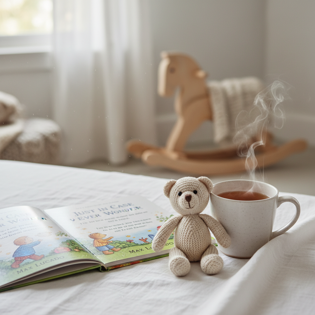 Just In Case You Ever Wonder board book by Max Lucado open on a linen surface with a teddy bear — HarperCollins Christian Publishing