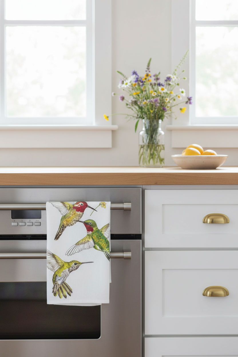 Hummingbird tea towel draped over oven handle in a bright kitchen with wildflowers
