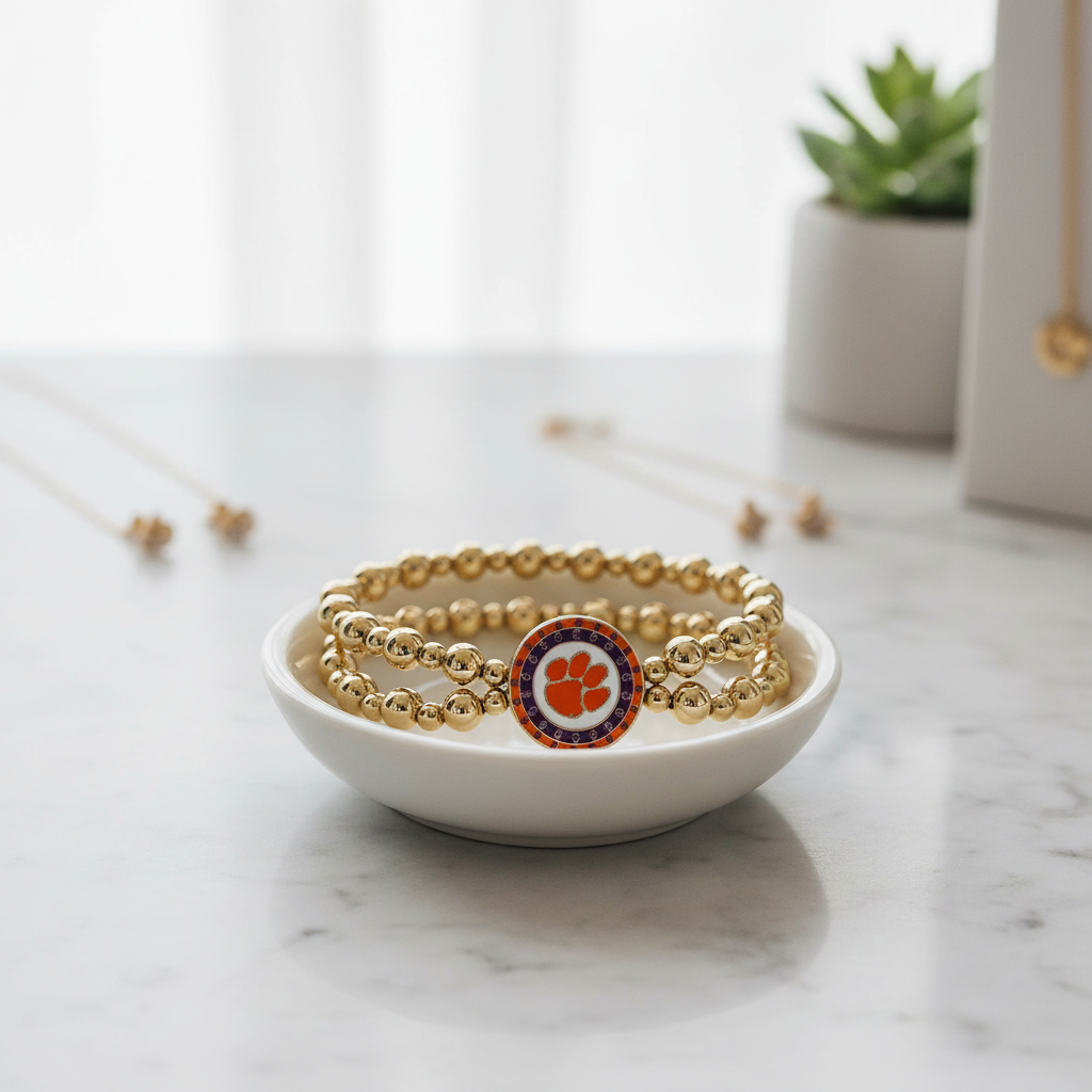 Clemson Tigers Pave Disc 2 Row Ball Bead Bracelet