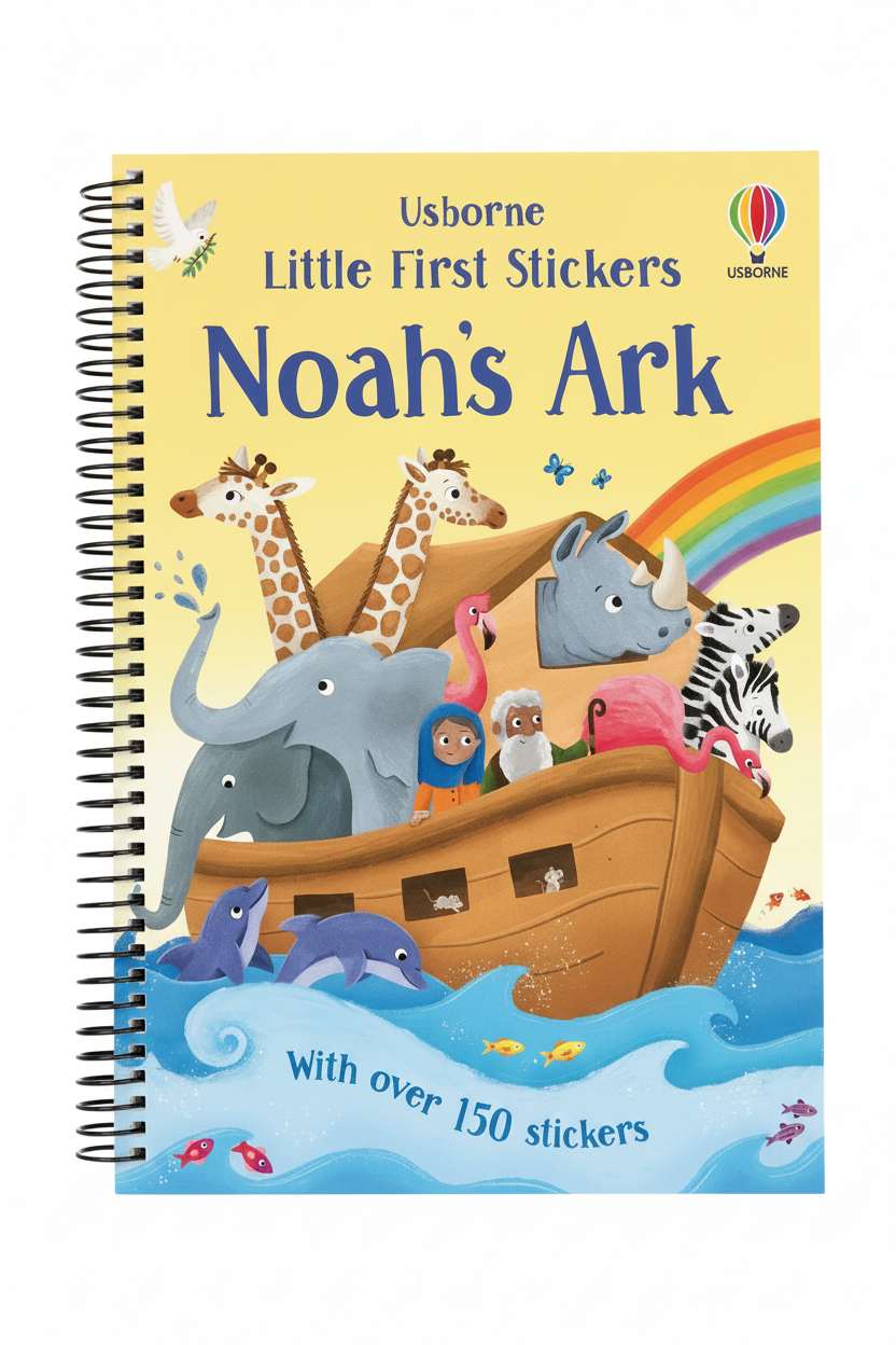 Book cover of 'Noah's Ark' sticker book with colorful illustrations on a yellow background