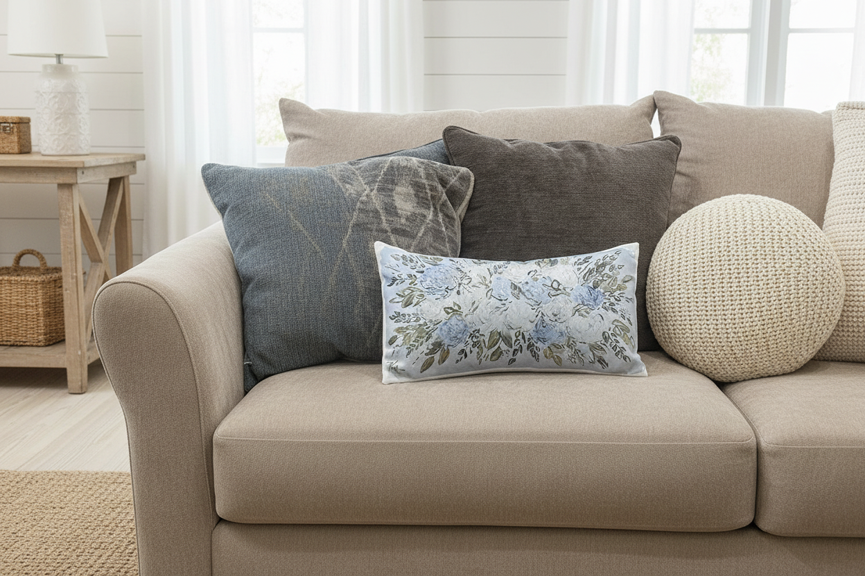 Beige sofa with decorative pillows in a living room setting highlighting the Southern Cotton Mill Floral hydrangea patterned pillow on a beige couch