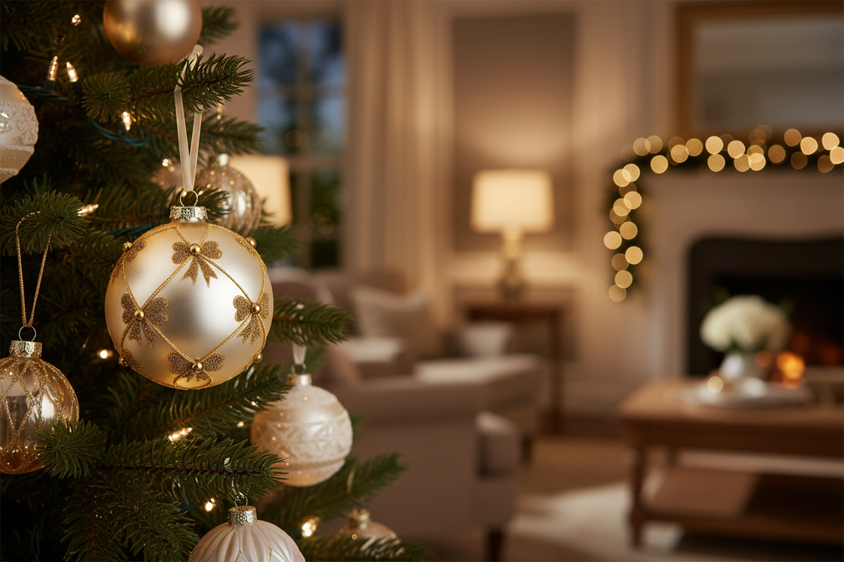 Cream glass Christmas ball ornament with gold beaded bow details hanging on a warmly lit tree