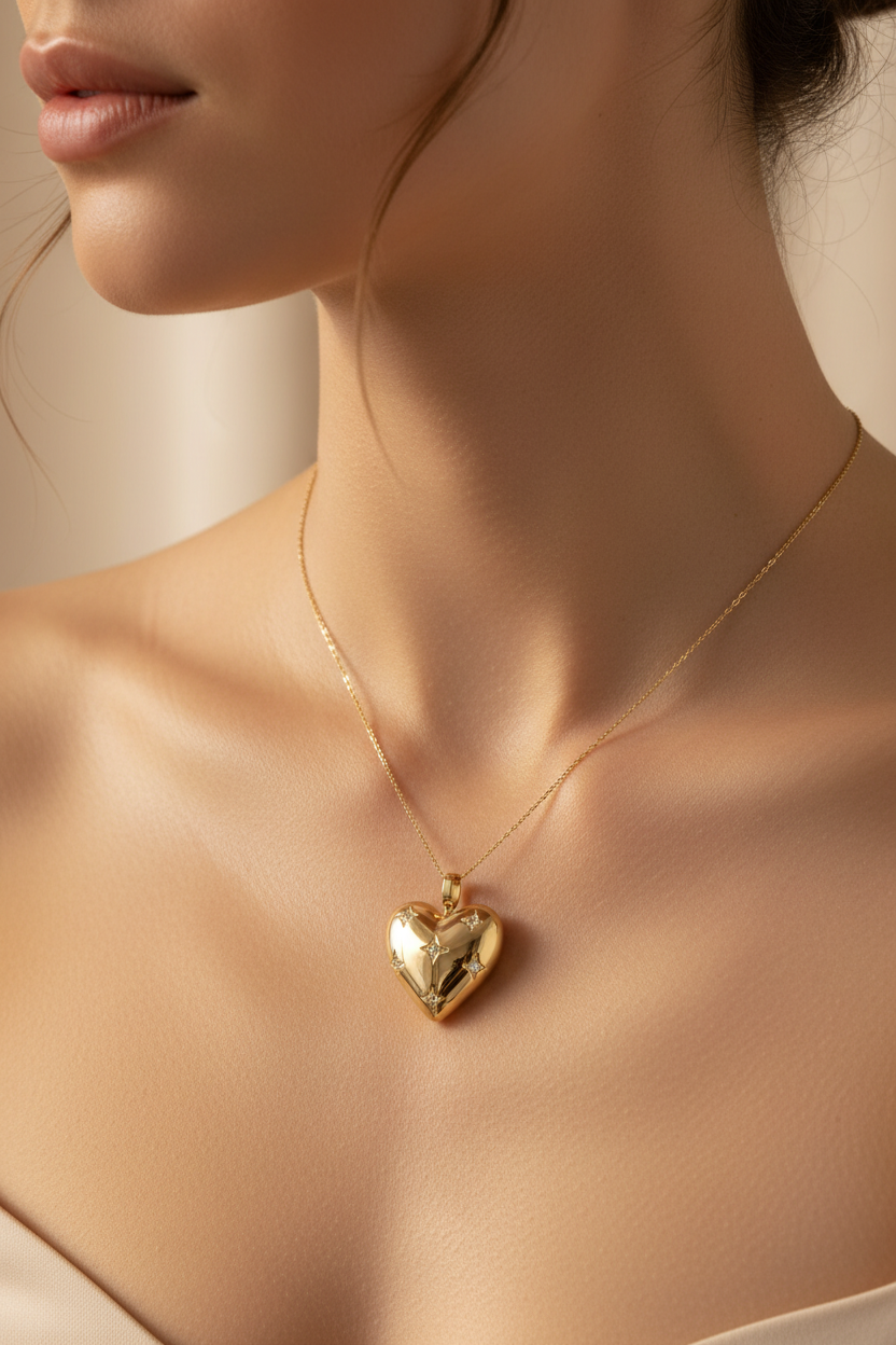 Gold heart-shaped necklace on a model against a neutral background