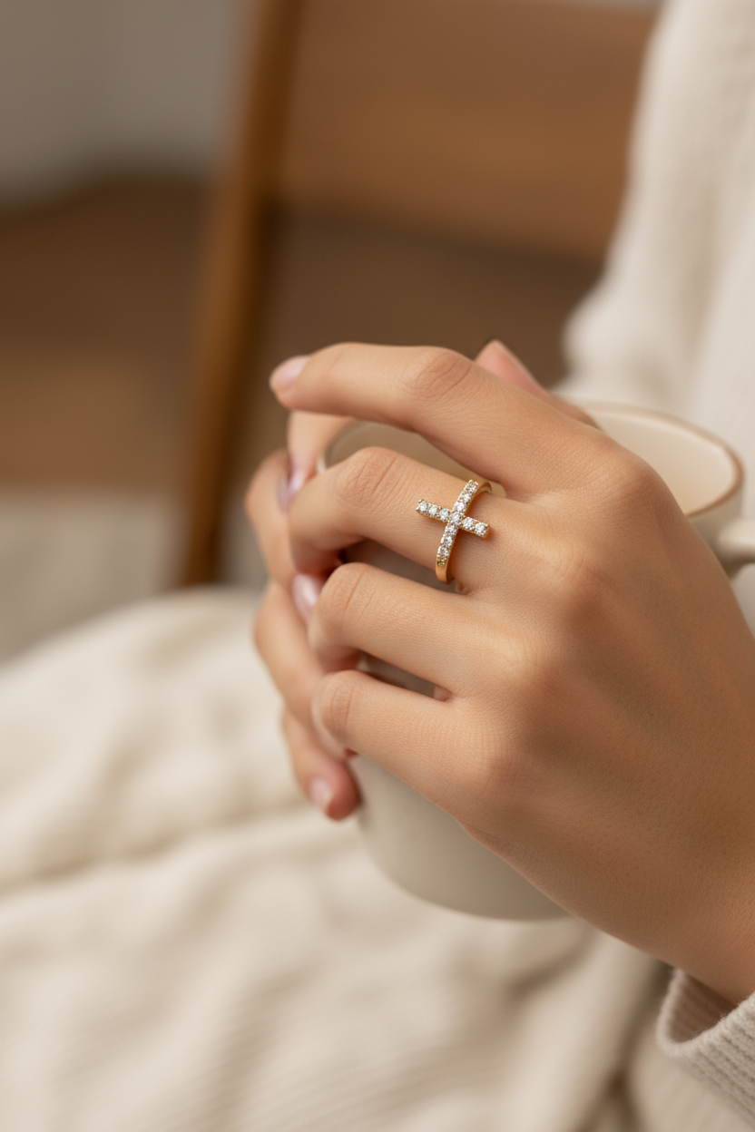 Hand wearing a gold cross ring holding a white mug with a blurred background