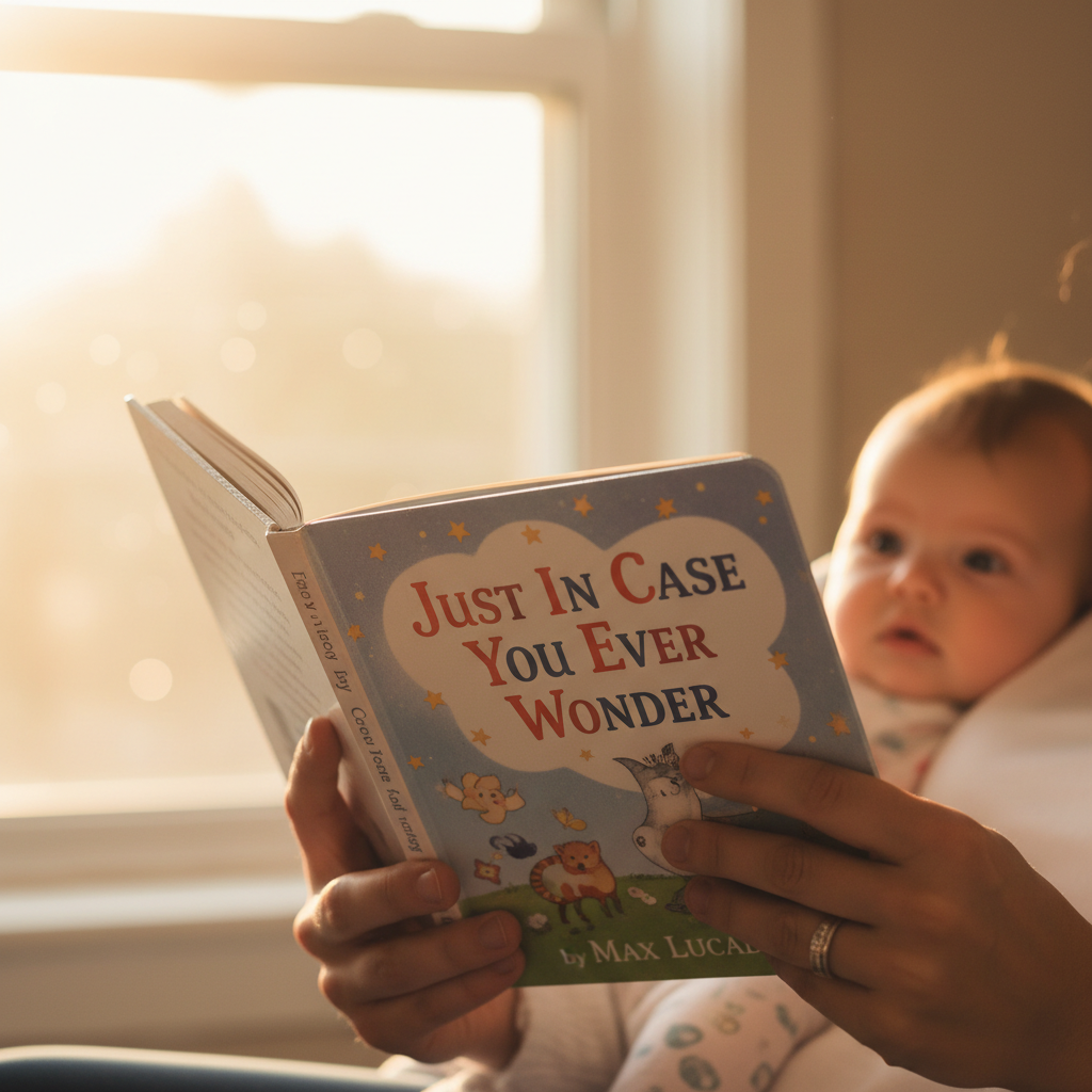 Parent holding Just In Case You Ever Wonder board book by Max Lucado with baby in background — HarperCollins Christian Publishing