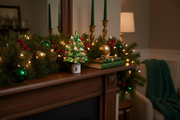 RAZ Imports 6-inch green vintage metallic Christmas tree night light glowing on a decorated mantel with evergreen garland and green and gold accents