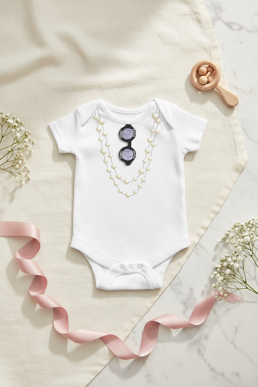 White baby toss designs onesie with sunglasses and pearls on a light background