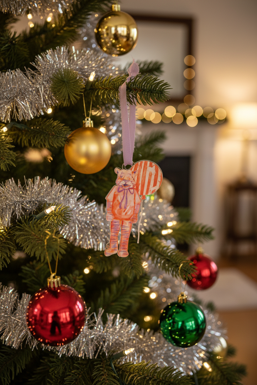 Orange and Lavender acrylic tiger ornament hanging on a Decorated Christmas tree with colorful ornaments and tinsel.