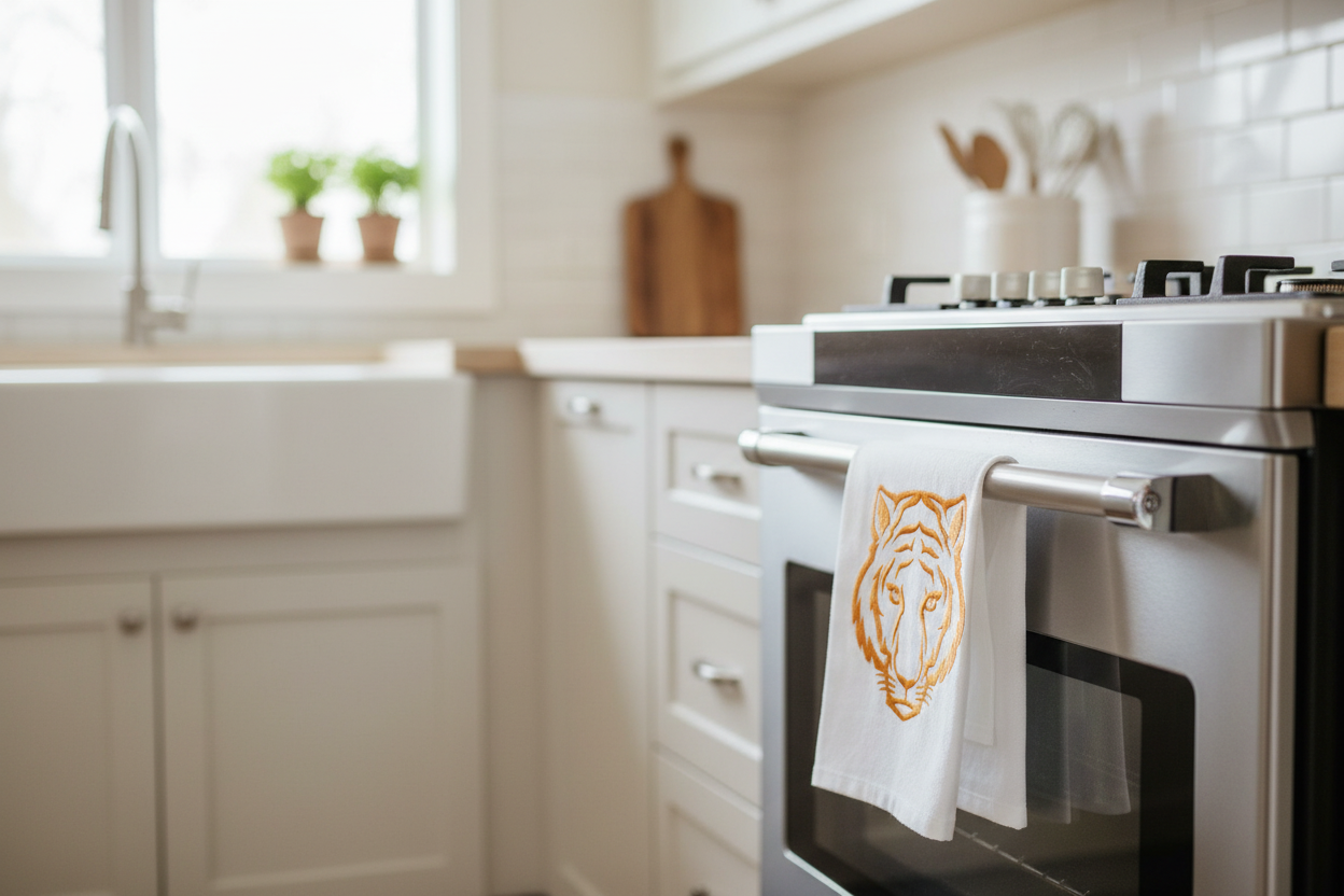 Tiger Face Embroidered Tea Towel