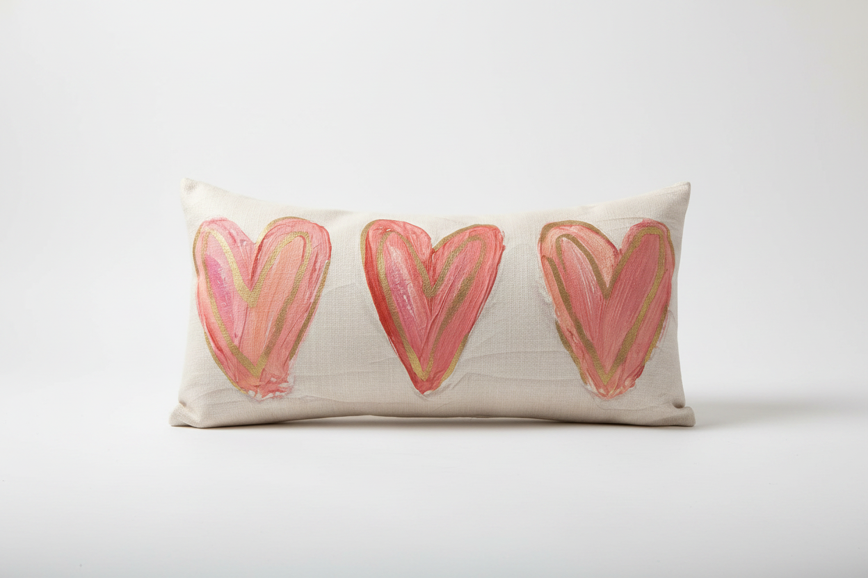 Southern Cotton Mill Decorative pillow with three pink hearts on a white background