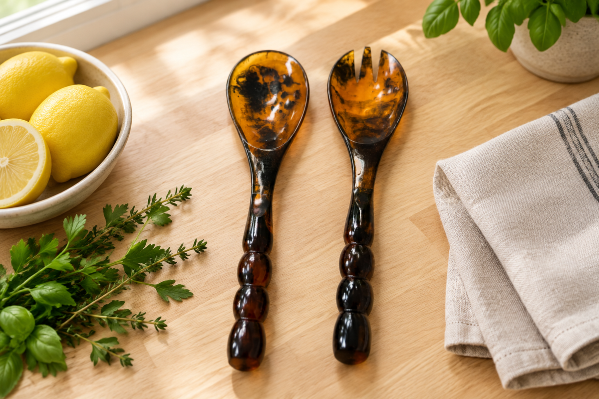 Laura Park tortoise shell resin salad servers with beaded handles on a wood kitchen counter with lemons, fresh herbs and a linen napkin