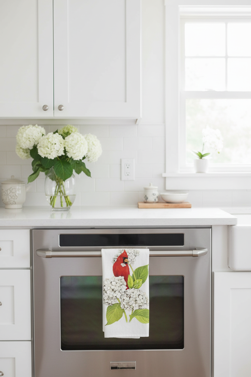 Cardinal Hydrangea tea towel draped over oven handle in a bright kitchen with fresh white hydrangeas